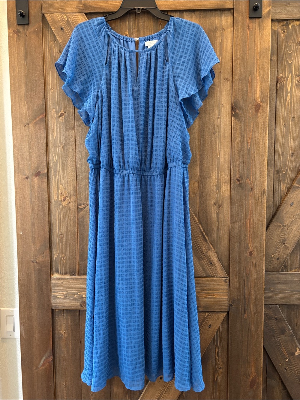 London Times Blue Ruffle Sleeve Midi Dress